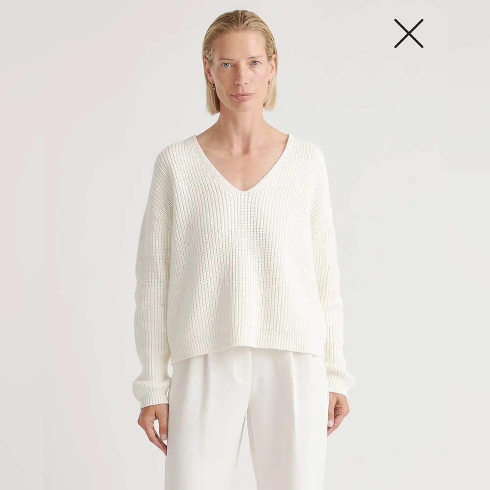 Quince Ivory 100% Organic Cotton Fisherman V-Neck Sweater Large L